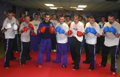 The final sparring class before Sunday - front row seven ProKick fighter step up to the line