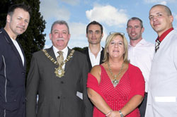 Belfast's new Lord Mayor Pat McCarthy lady Mayoress Mrs McCarthy with some of the kickboers at the Aras