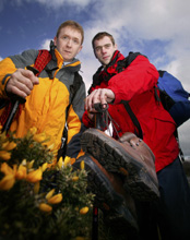 Tony Ruddy, Director of Ark Housing Association and World Featherweight Kickboxing Champion, Gary Hamilton, test equipment ahead of the  2005 '4 Peaks (Ireland) Challenge for Homelessness' 