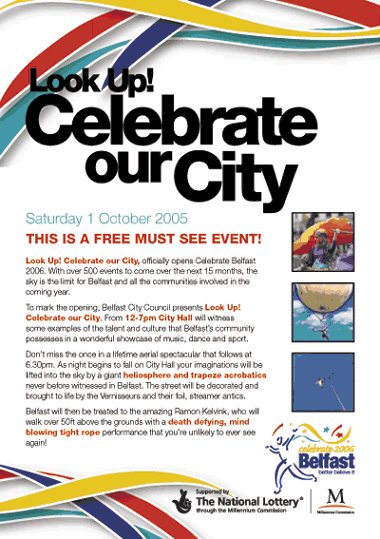 Poster for the Celebrate Belfast 2006 event at the city Hall 