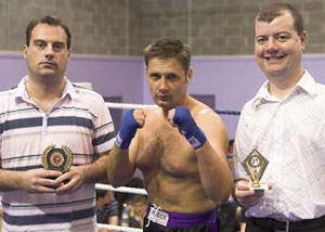 Sponsors of the event, The Days hotel Belfast Lee Madden (Left) And  Martin Colburn of Budget Windows Bangor - flank Eddie Salmon centre