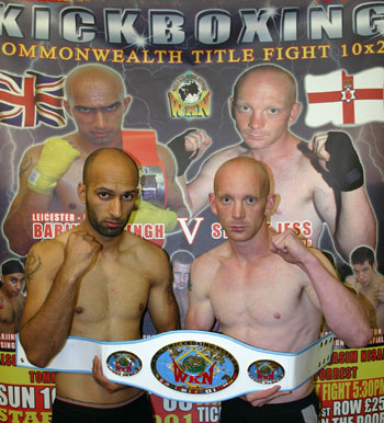 Leicester's Barrinder Singh and Prokick's Stuart JEss with the Commonwealth title belt