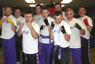 Nine Prokick students, Pictured L-R are: Colin Malcolm, Paul Gordon, Jim Spurling, Ronan McCluskey, William Mahood, Justin Magee, Gareth Calhoun, Desi Macartney and Adrian Murphy all attended a seminar to help advance them forward to the next level in kickboxing excellence.