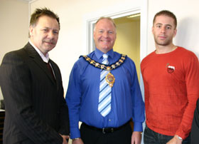 Billy Murray (Left) with the Lord Mayor of Carrick. Michael (right) met up with the lord Mayor at a lunching and open day at the Carrickfergus Adertisers new office 