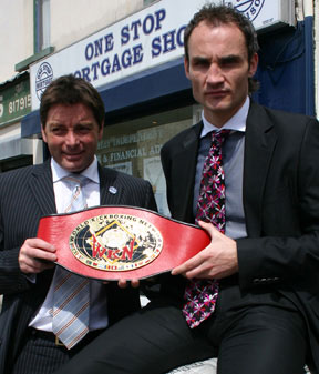 uper welterweight Young is pictured with One Stop Mortgage boss Philip Davidson. He’ll be hoping the extra backing helps him put a down-payment on a world title.