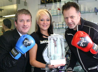 Brendan Thompson Schwarzkopf manager, Company haircutters hairstylist/RingGirl Stephanie Davidson and Billy Murray 