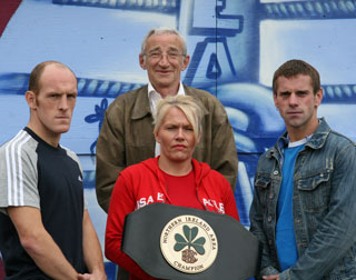 High-noon at eastside L-R Contender Jamesy Gorman, promoter Jane Wilton from Belfast Promotions, and kickboxing king-pin Gary Hamilton are all over seen by BBB of C's general secretary for Northern Ireland, John Campbell.