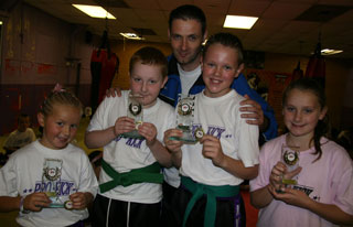 Winners L-R Saskia Connelly, George Gibson, Dylan Lennox and Sacha Burns with Prokick instructor Eddie Salmon