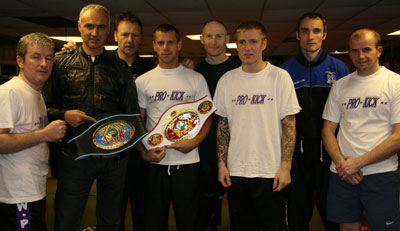 (L-R ) Schwarzkopf General Manager Brendan Thompson, WKN President Stephane Cabrera, Promoter Billy Murray, WKN world champion Gary Hamilton, WKN Celtic Darren Dougan, Gary Fullerton, European champion Ian Young and Stevie Kidd 