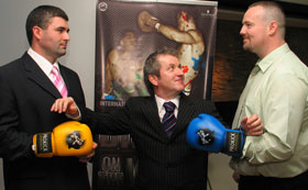 Event sponsor Mr Brendan Thompson from Schwarzkopf hair products, was in the middle of high drama at the launch of the card when heavyweights James Gillen of Portadown and Dylan Scally of Dublin met ahead of their bout. 