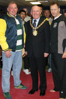 Superintendent Hong Kong Police force Daniel Lawley with Belfast's Lord Mayor Clr Jim Rodgers and Prokicks top man Billy Murray