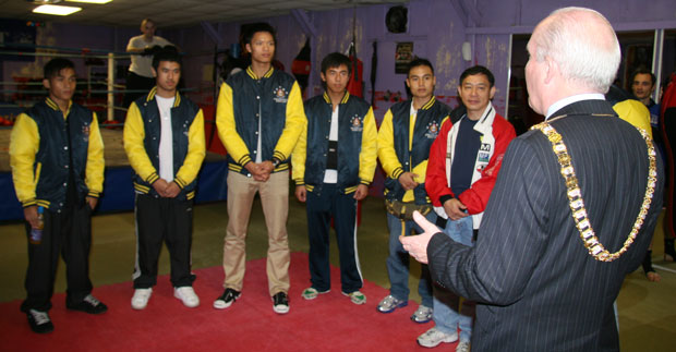 Belfast's Lord Mayor Clr Jim Rodgers welcomes the team from Hong Kong to Belfast