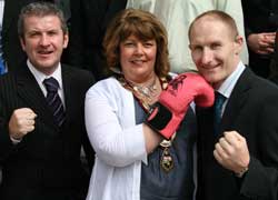 (L-R) Schwarzkopfs Brendan Thompson, Derry City's deputy Mayor Patrice Dougan and Co. Derry's Darren Dougan