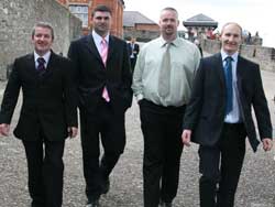 L-R Schwarzkopfs Brendan Thompson, Dublins Dylan Scally, Big James Gillen and Co. Derry's Darren Dougan on the walls of Derry