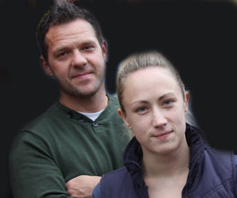 Aaron Anderson is currently in hospital wearing a neck brace. Pictured with wife Amy-Lee.