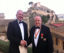 Caballero Emery (Pictured with) General Santiago Sanchis Commander of the Order.  Kickboxing Peace Fighter is honoured with a Knighthood. Saturday 22nd March 2014.