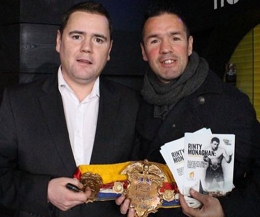 Author and guest speaker Barry Flynn is pictured with former boxer Eamon McAuley, also a nephew of the late Rinty Monaghan