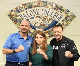 Malone College, L-R:  PE teacher Mr Pat Cavanagh is ready for the challenge and that goes too for English teacher (and green belt) Kathryn Warren (Middle) pictured with Billy Murray