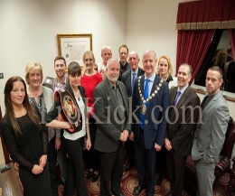 Councillor Mr Philip Smith, and the Head of Leisure Services Mr Ian O'Neill honoured the ProKick team for bring a world champion to the Borough of Ards.