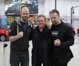 Film director Michael Lennox (left) Managing Director of DoubleBand Films, Dermot Lavery (centre) with Billy Murray (ProKick) at Mercedes-Benz & SMART showroom on Boucher Crescent. For Murray's annual KICKmas Extravaganza weigh-ins