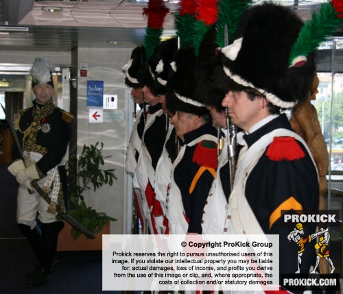 Kickboxers were welcomed onboard not by a whistle but drummed onboard by a guard of honor dressed in full Napoleonic wear