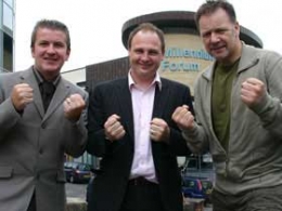 Schwarzkopf's Brendan Thompson with Millenium Forums Paul Mason and Prokick's Billy Murray