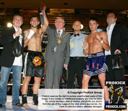 Belfast Lord Mayor congratulates WKN world kickboxing champion Gary Hamilton after wining a hard fought fight against Massigliano Cannistraro