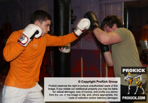 ProKick fighter Karl McBlain teams up with Level 2 sparring course member Jonathan O'Neill on the level 1 sparring course first night.
