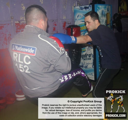 ProKick members Stuart Kyle and David Malcolm team up on the level 1 sparring course first night.