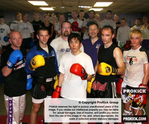 Hiro Mochizuki pictured (centre) with some of the ProKick top fighters  during a sparring class on his visit to Belfast's ProKick