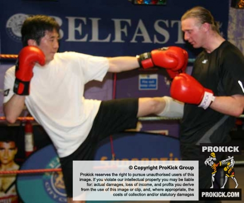 English teacher Hiro, kicks Slovakian kickboxer Peter Hrobak
