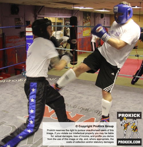 ProKick members Jonny Wightman and Russell Johnston sparring on the final evening of ProKick HQ's Level 2 Sparring Class
