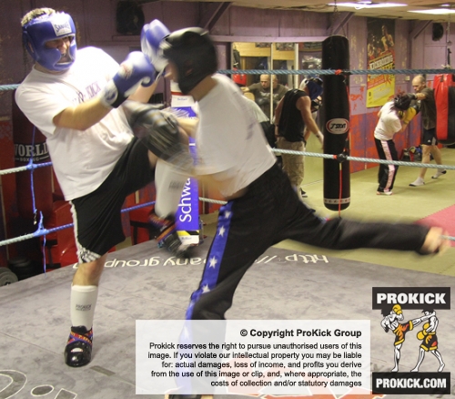 ProKick members Jonny Wightman and Russell Johnston sparring on the final evening of ProKick HQ's Level 2 Sparring Class.