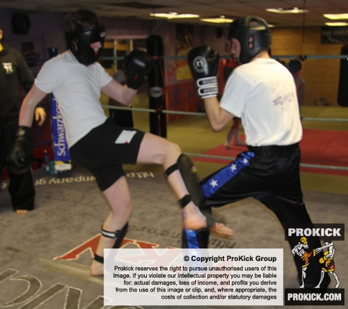 ProKick members Jonny Wightman and Michael O'Neill sparring on the final evening of ProKick HQ's Level 2 Sparring Class.