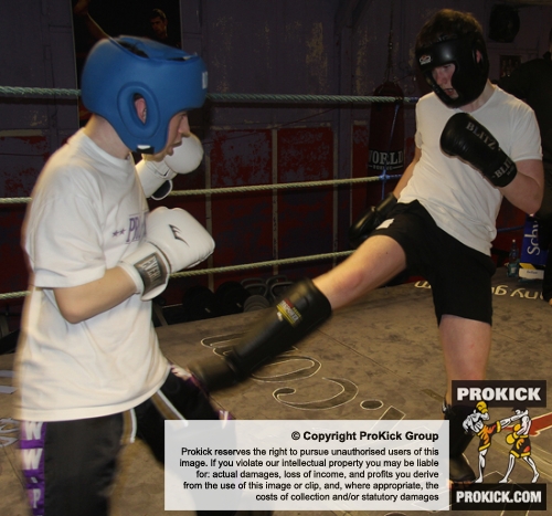 ProKick members Martin Gibson and Michael O'Neill sparring on the final evening of ProKick HQ's Level 2 Sparring Class.