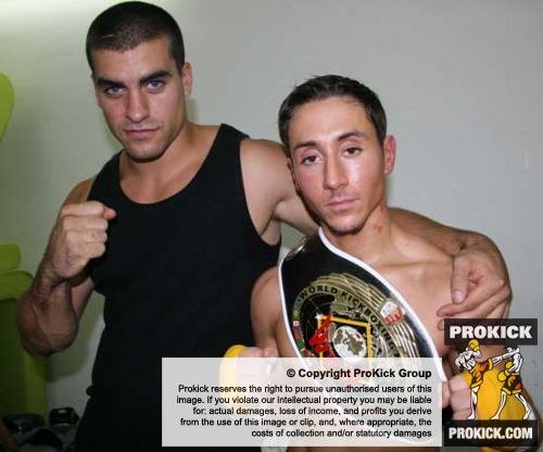 Franck Mazoye of France in the new kickboxing Champion at the Malta world cup - pictured here with his coach
