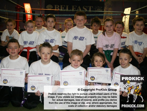 Some of the ProKick Kids (pictured) who took a step up the ladder of excellence as they attempted grades from yellow right up to purple belt levels.