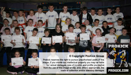 The young prokick members (pictured) all took a test to grade for Yellow, Orange and Green belt.