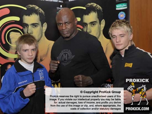 Brothers Mark and David Bird who are on the KICKmas card pictured here with K1 living legend Mr Perfect Ernesto Hoost at the KICKmas Box Mania press launch on Monday August 25