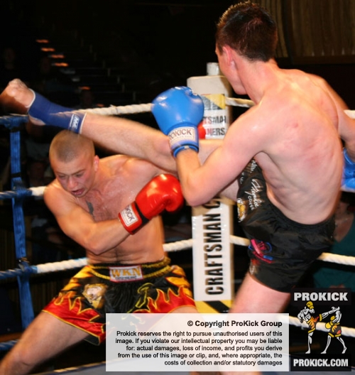 Germany's Steve Schnorrbusch  lands a high kick in his fight against Barrie Oliver at the Brawl on the Wall in Derry City, Londonderry