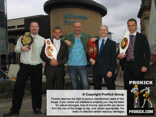 James Gillen, Gary Hamilton, BBC's Joe Lindsay, Darren Dougan and Ian Young with the Kickboxing belts that are up for grabs