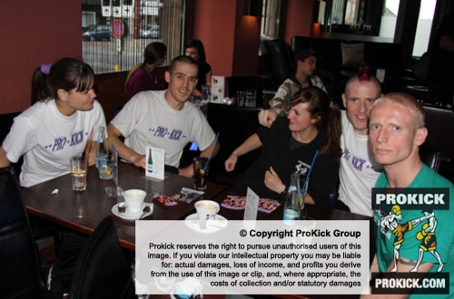Some of the ProKick team relaxing in the restaurant after the weigh-ins