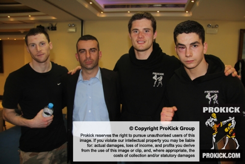 ProKick fighters with referee Mr Socrates Socratous after the event in Nicosia, Cyprus on 9th March 2012.