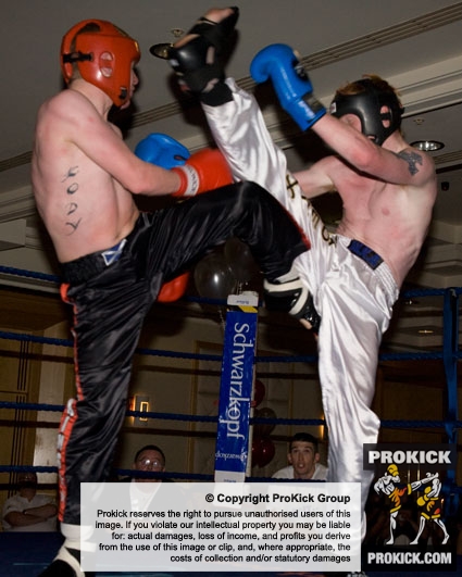 Sean Barrett of Billy O'Sullivan's gym in Waterford shows his high kicks in the bout with Scotland's Mikey Shields