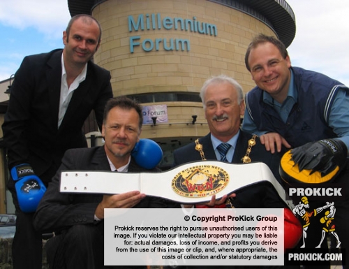 Joe Lindsay, Billy Murray, Mayor Drew Thompson and Paul Mason outside the Millennium Forum for the kickboxing launch