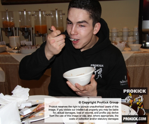 ProKick fighter Karl McBlain finally getting down to one of his favourite pastimes, eating!