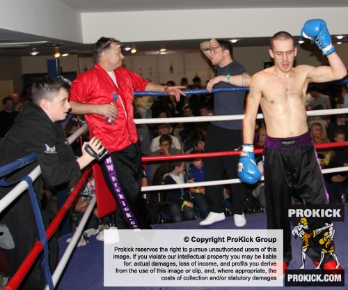 ProKick's Davy Foster awaits the judges' decisions after his Full-Contact bout with Scott Bryant on 25th February 2012 in Staines, Essex.