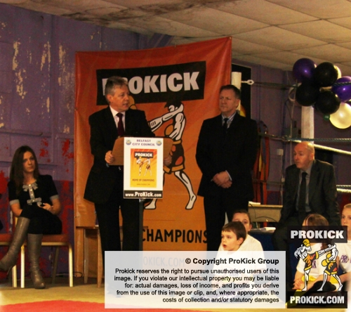 Northern Ireland First Minister Peter Robinson speaking to the media and the ProKick team.
