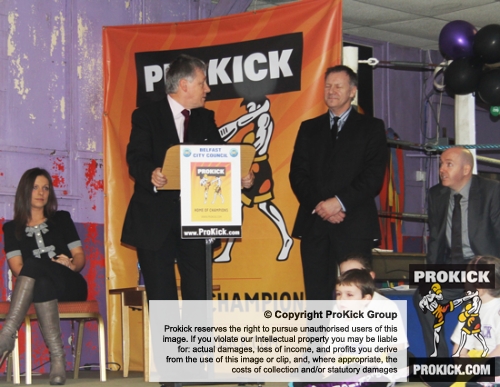 Northern Ireland First Minister Peter Robinson delivers a speech at ProKick HQ.