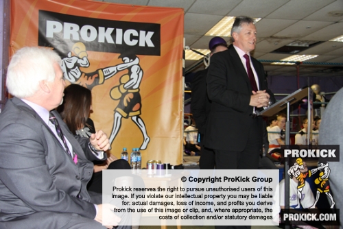 Northern Ireland First Minister Peter Robinson delivering his speech at ProKick HQ.